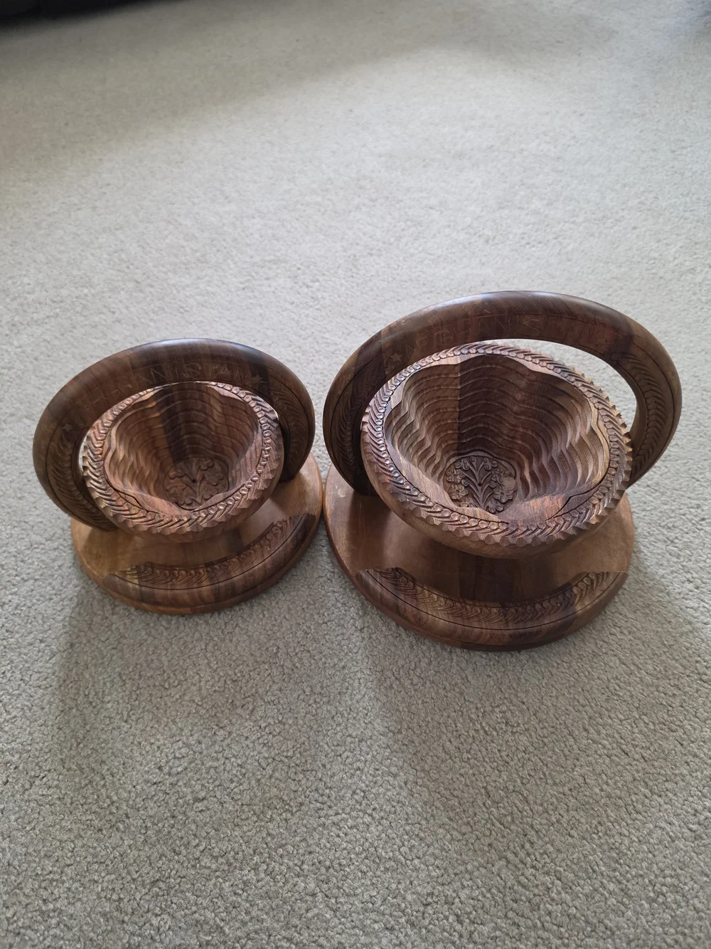 Set Of 2 Vtg Hand-Carved Wooden Collapsible Baskets/ Trivets